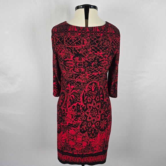 AB Studio Dress Women's 14 Red Black Aztec Floral Pattern Bodycon Long Sleeve - Picture 7 of 16